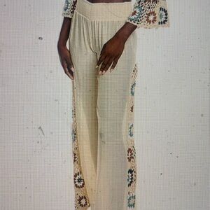Elan Cream Wide Leg Pants with Crochet Side Panels